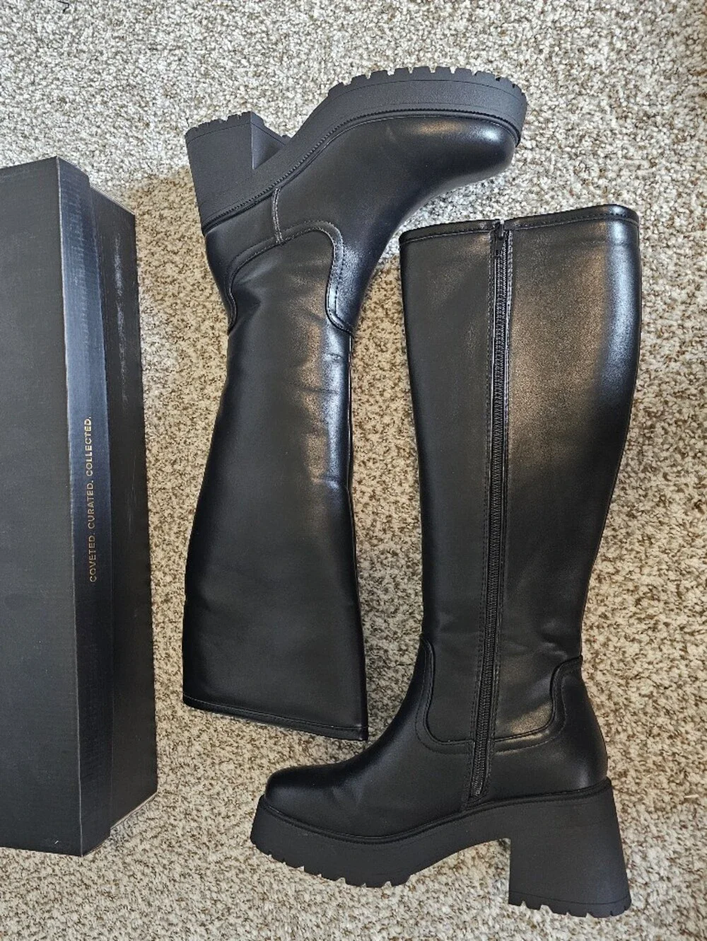 Lulus Whitlie Black Platform Knee-High Lug Sole Boots Size 8